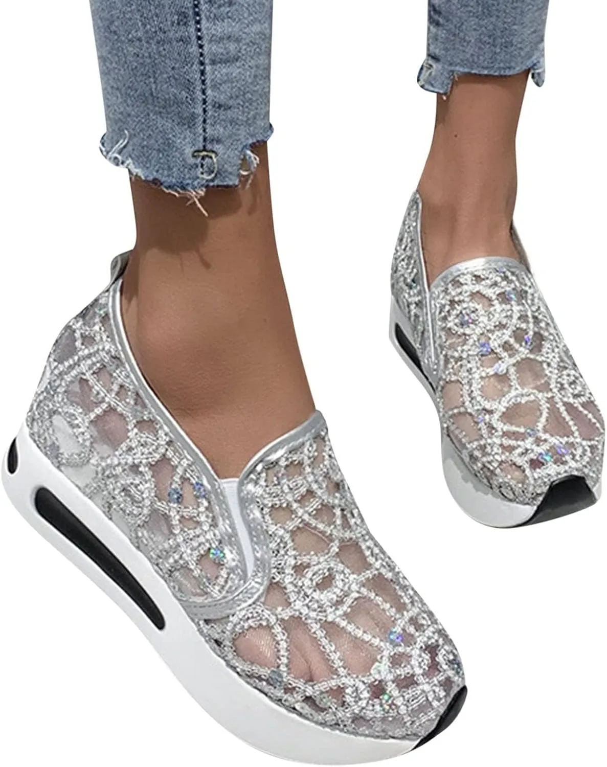 Platform Wedge Fashion Sneakers for Women 2025, Embroidery Floral Mesh Tennis Lace Chunky Sole Hidden High Heels Slip On Loafers Walking Work Shoes Arch Support Low Top Sneakers Shoes