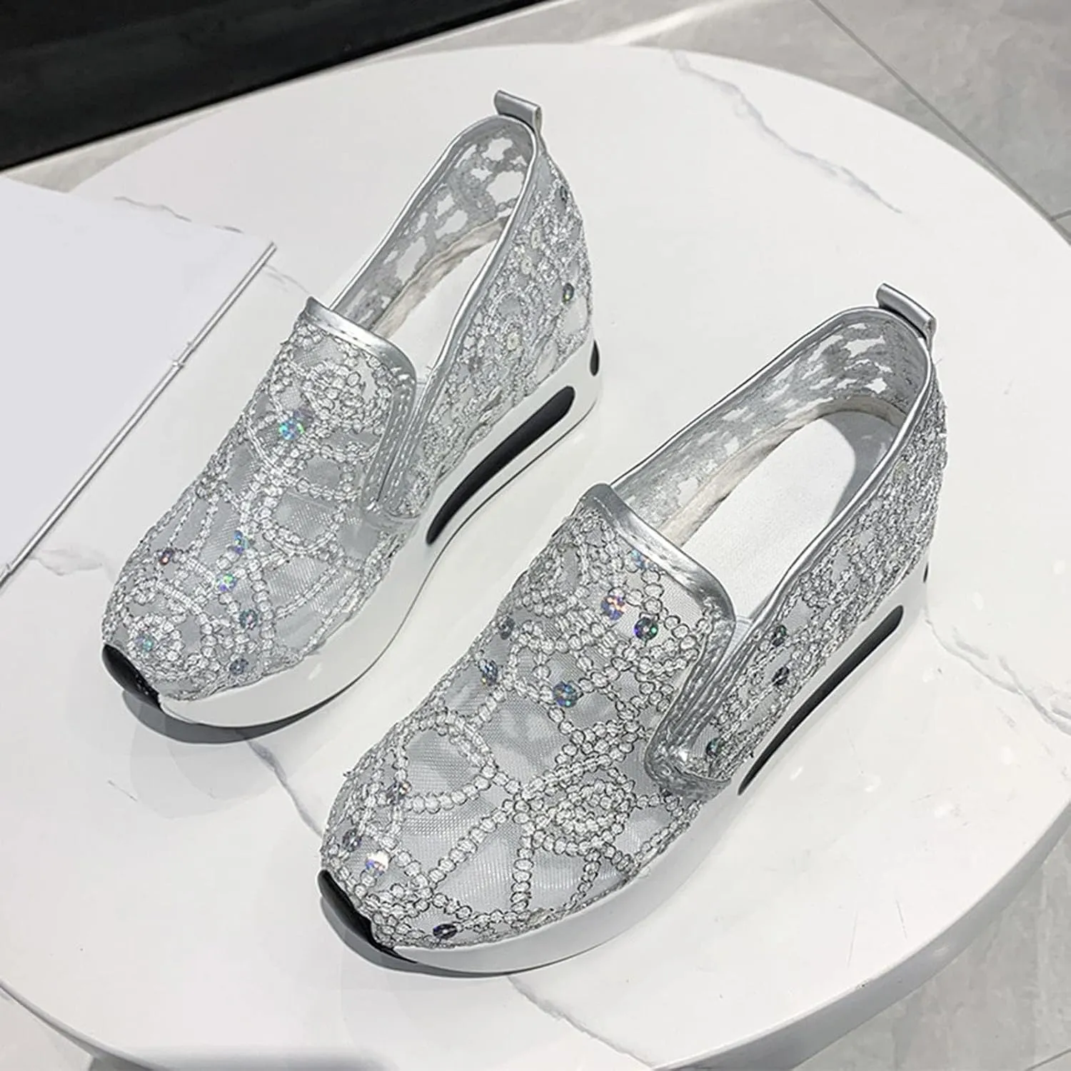 Platform Wedge Fashion Sneakers for Women 2025, Embroidery Floral Mesh Tennis Lace Chunky Sole Hidden High Heels Slip On Loafers Walking Work Shoes Arch Support Low Top Sneakers Shoes