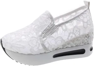 Platform Wedge Fashion Sneakers for Women 2025, Embroidery Floral Mesh Tennis Lace Chunky Sole Hidden High Heels Slip On Loafers Walking Work Shoes Arch Support Low Top Sneakers Shoes