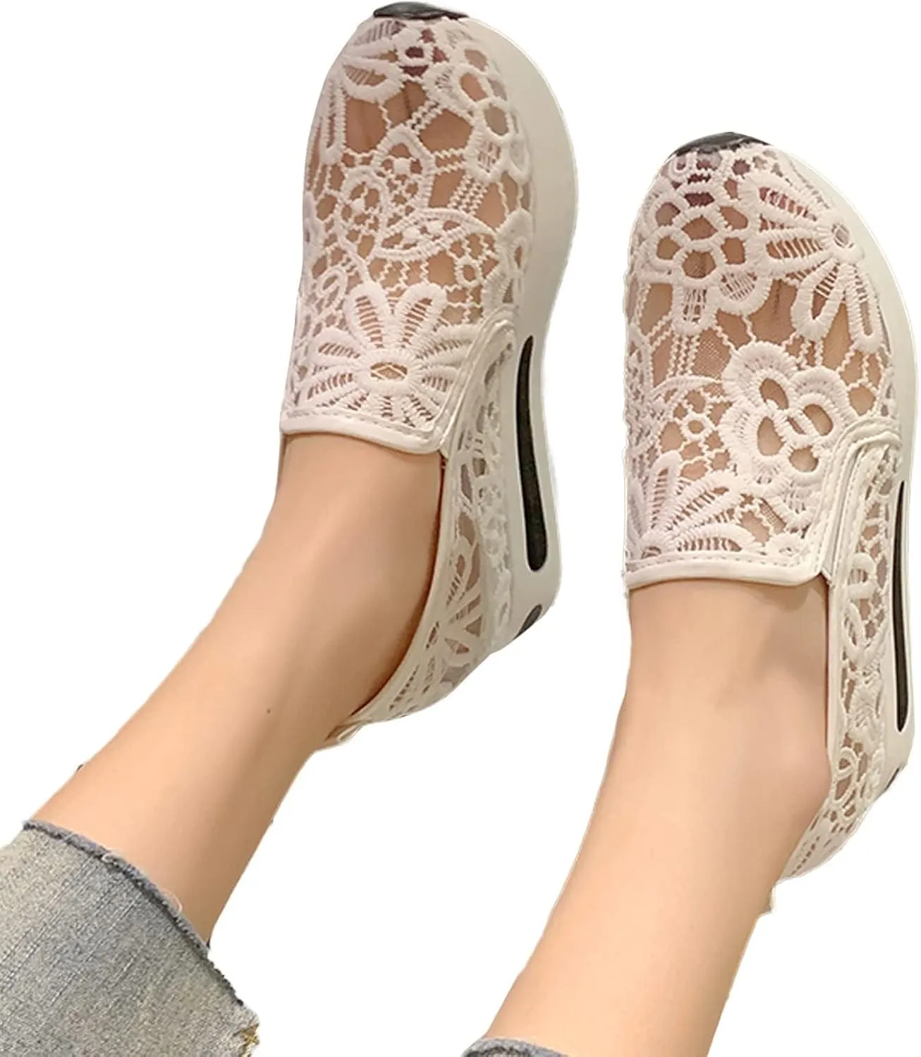 Platform Wedge Fashion Sneakers for Women 2025, Embroidery Floral Mesh Tennis Lace Chunky Sole Hidden High Heels Slip On Loafers Walking Work Shoes Arch Support Low Top Sneakers Shoes