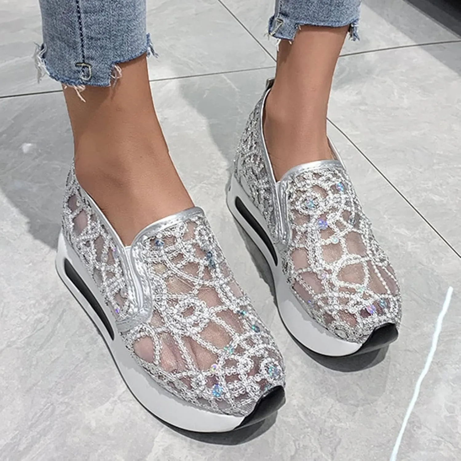 Platform Wedge Fashion Sneakers for Women 2025, Embroidery Floral Mesh Tennis Lace Chunky Sole Hidden High Heels Slip On Loafers Walking Work Shoes Arch Support Low Top Sneakers Shoes