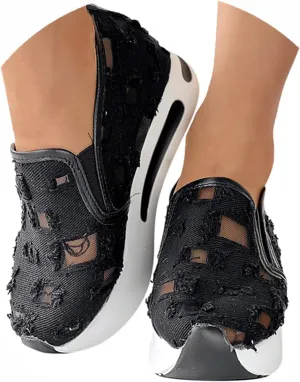 Platform Wedge Fashion Sneakers for Women 2025, Embroidery Floral Mesh Tennis Lace Chunky Sole Hidden High Heels Slip On Loafers Walking Work Shoes Arch Support Low Top Sneakers Shoes