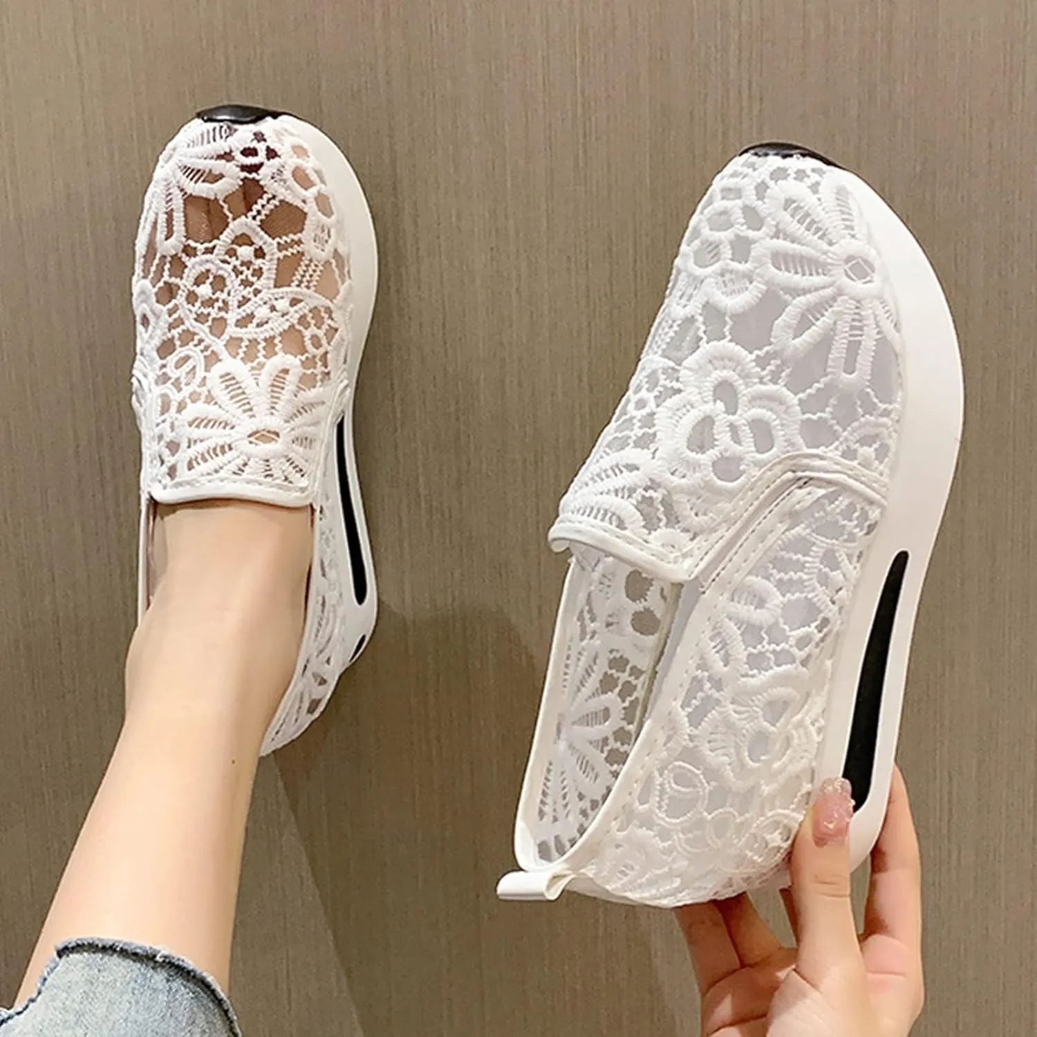 Platform Wedge Fashion Sneakers for Women 2025, Embroidery Floral Mesh Tennis Lace Chunky Sole Hidden High Heels Slip On Loafers Walking Work Shoes Arch Support Low Top Sneakers Shoes