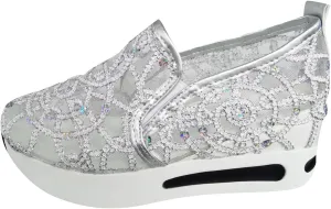 Platform Wedge Fashion Sneakers for Women 2025, Embroidery Floral Mesh Tennis Lace Chunky Sole Hidden High Heels Slip On Loafers Walking Work Shoes Arch Support Low Top Sneakers Shoes