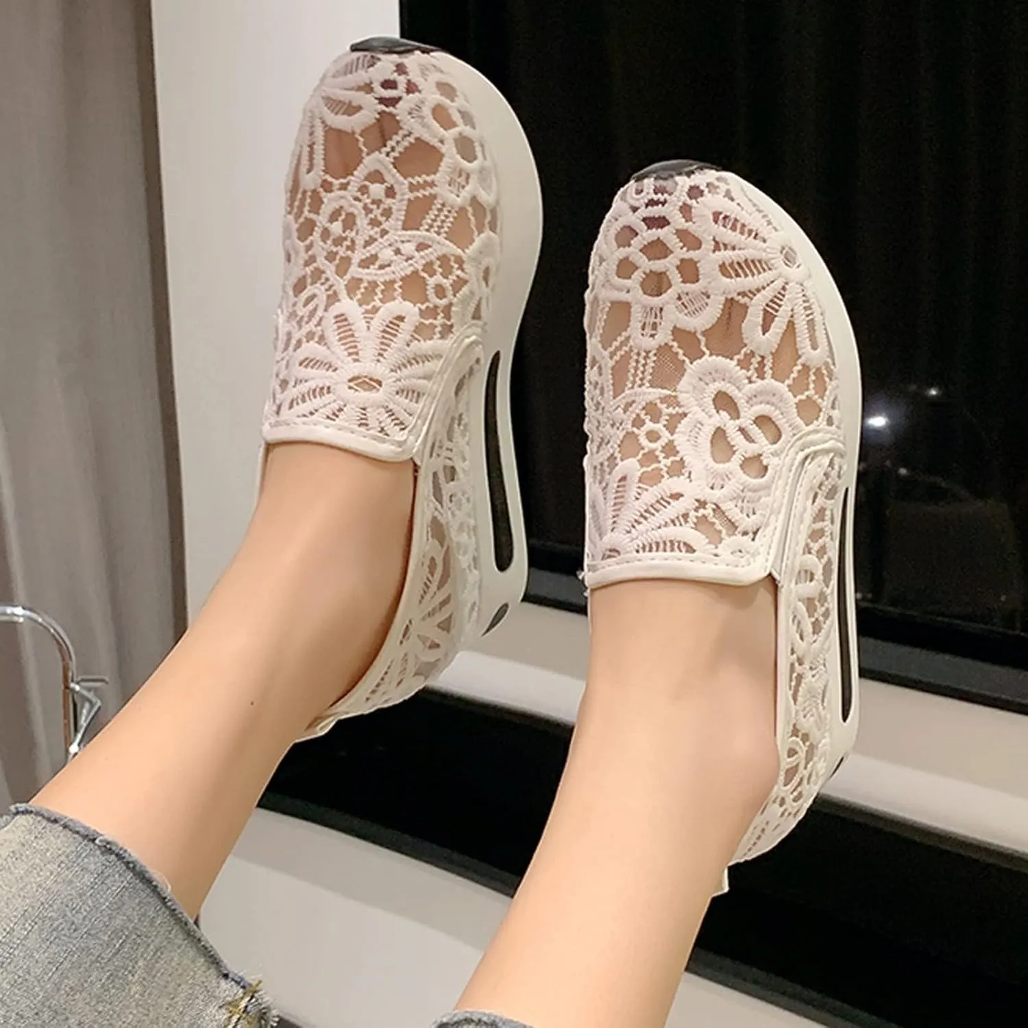 Platform Wedge Fashion Sneakers for Women 2025, Embroidery Floral Mesh Tennis Lace Chunky Sole Hidden High Heels Slip On Loafers Walking Work Shoes Arch Support Low Top Sneakers Shoes