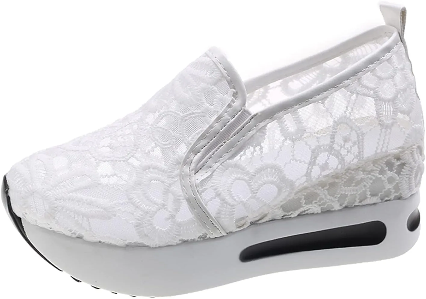 Platform Wedge Fashion Sneakers for Women 2025, Embroidery Floral Mesh Tennis Lace Chunky Sole Hidden High Heels Slip On Loafers Walking Work Shoes Arch Support Low Top Sneakers Shoes