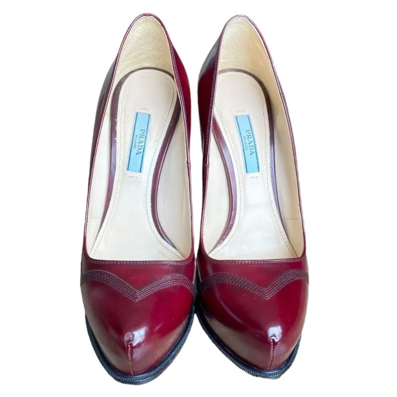 PRADA Burgundy Leather Embroidered Hidden Platform Spool Heel Pumps, Size 37