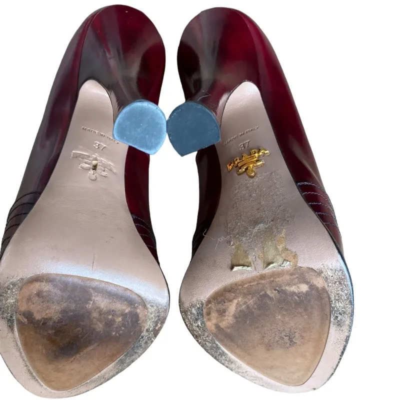 PRADA Burgundy Leather Embroidered Hidden Platform Spool Heel Pumps, Size 37