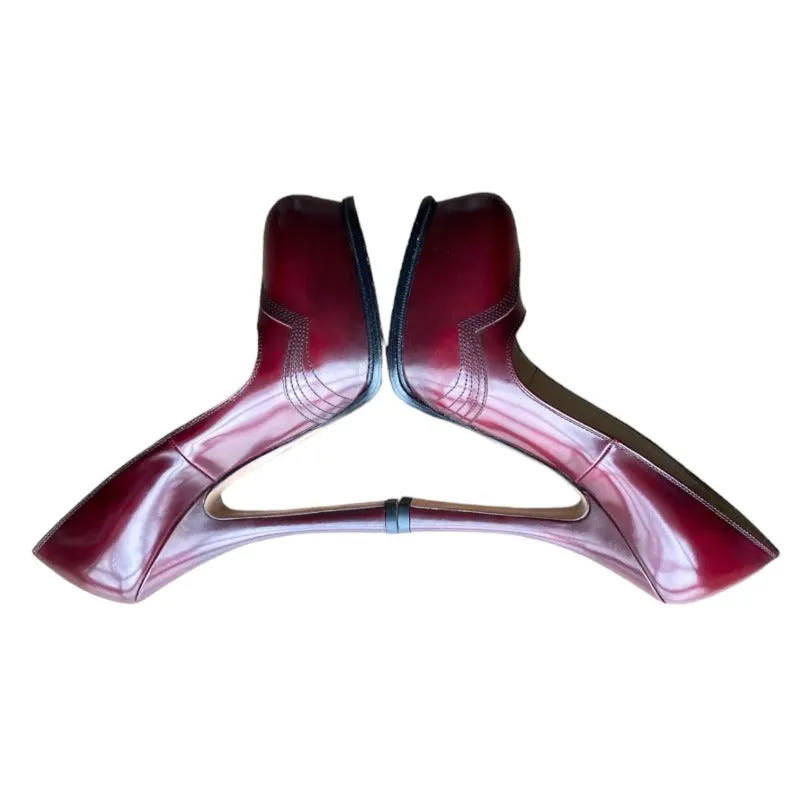 PRADA Burgundy Leather Embroidered Hidden Platform Spool Heel Pumps, Size 37
