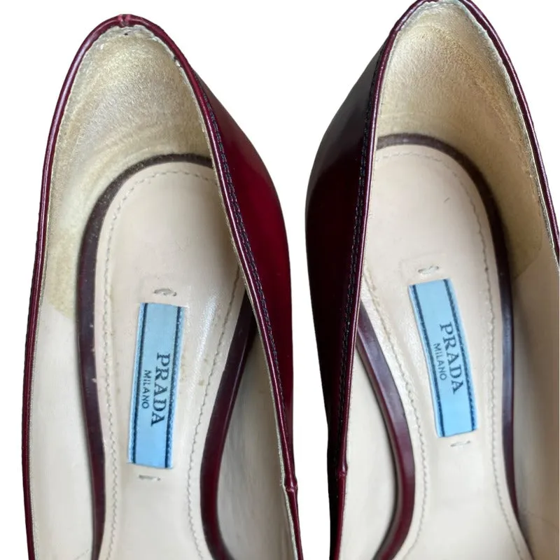 PRADA Burgundy Leather Embroidered Hidden Platform Spool Heel Pumps, Size 37