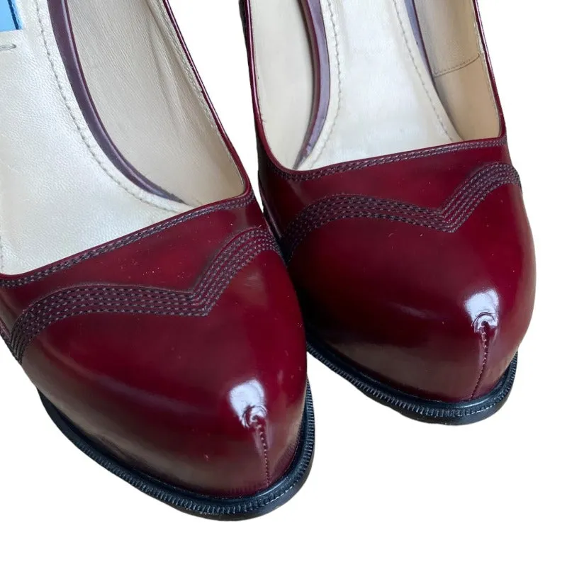 PRADA Burgundy Leather Embroidered Hidden Platform Spool Heel Pumps, Size 37