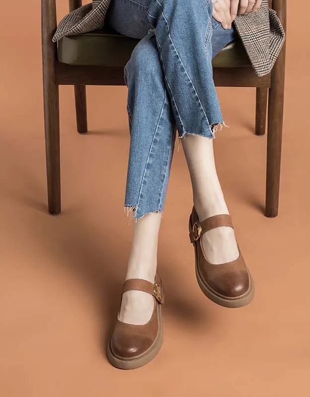 Real Leather Front Buckle Mary Jane Shoes