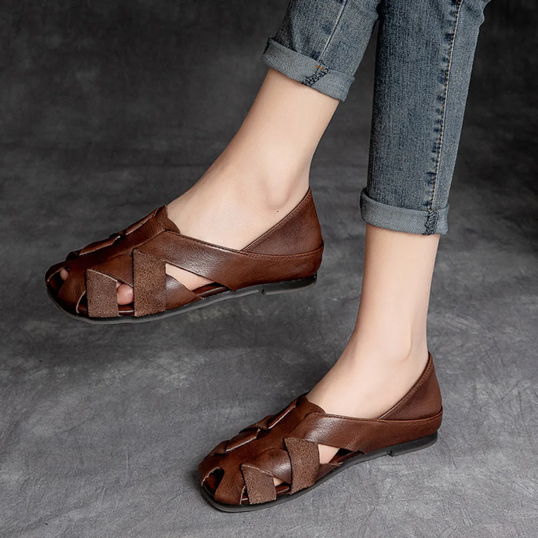 Retro Hollow Out Leather Slip On Shoes