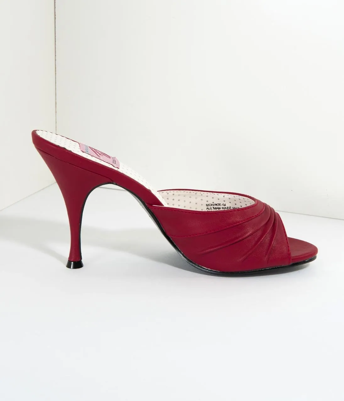 Retro Style Red Leatherette Peep Toe Pleated Mule Heels