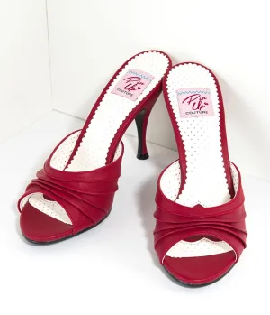 Retro Style Red Leatherette Peep Toe Pleated Mule Heels