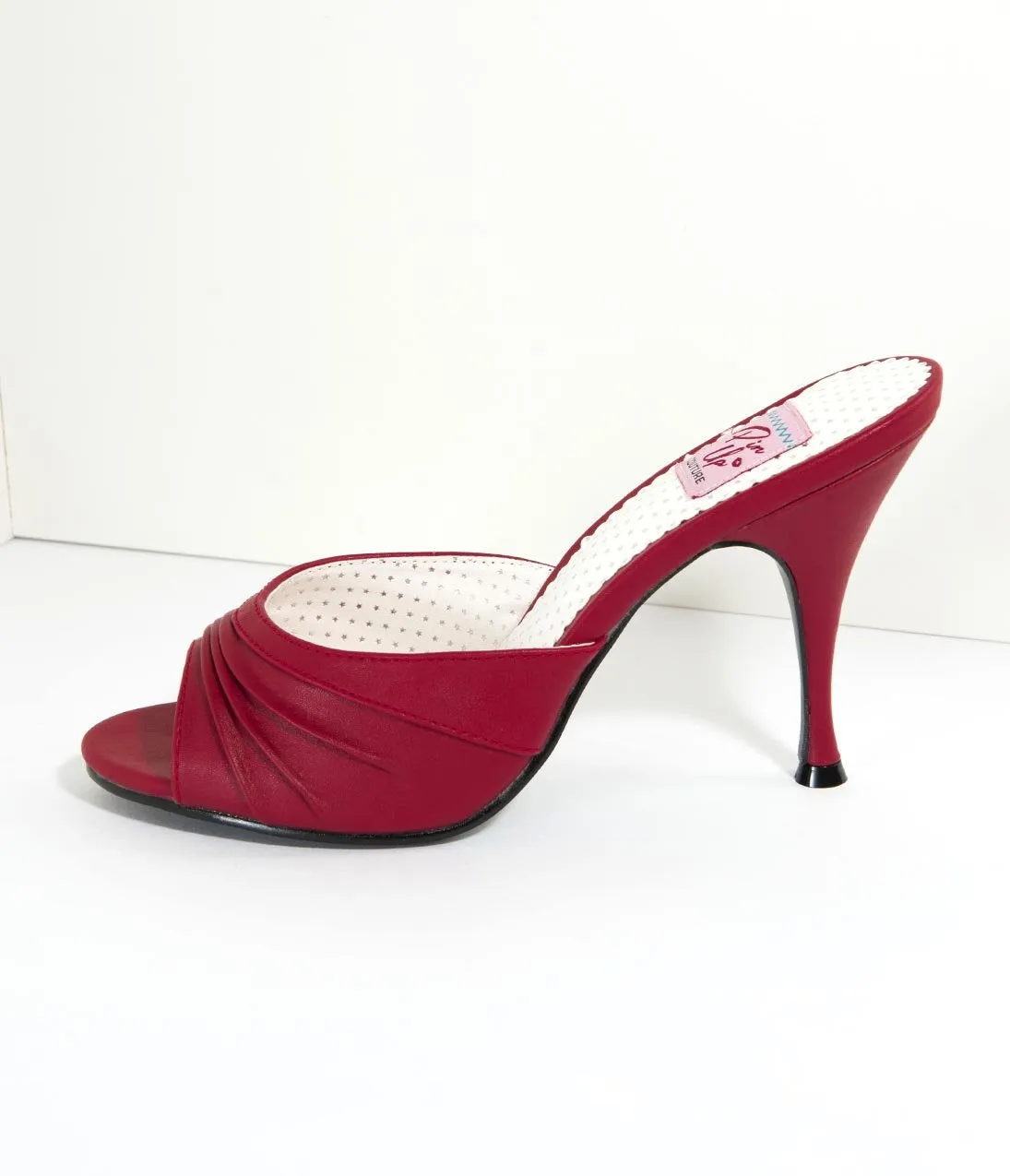 Retro Style Red Leatherette Peep Toe Pleated Mule Heels