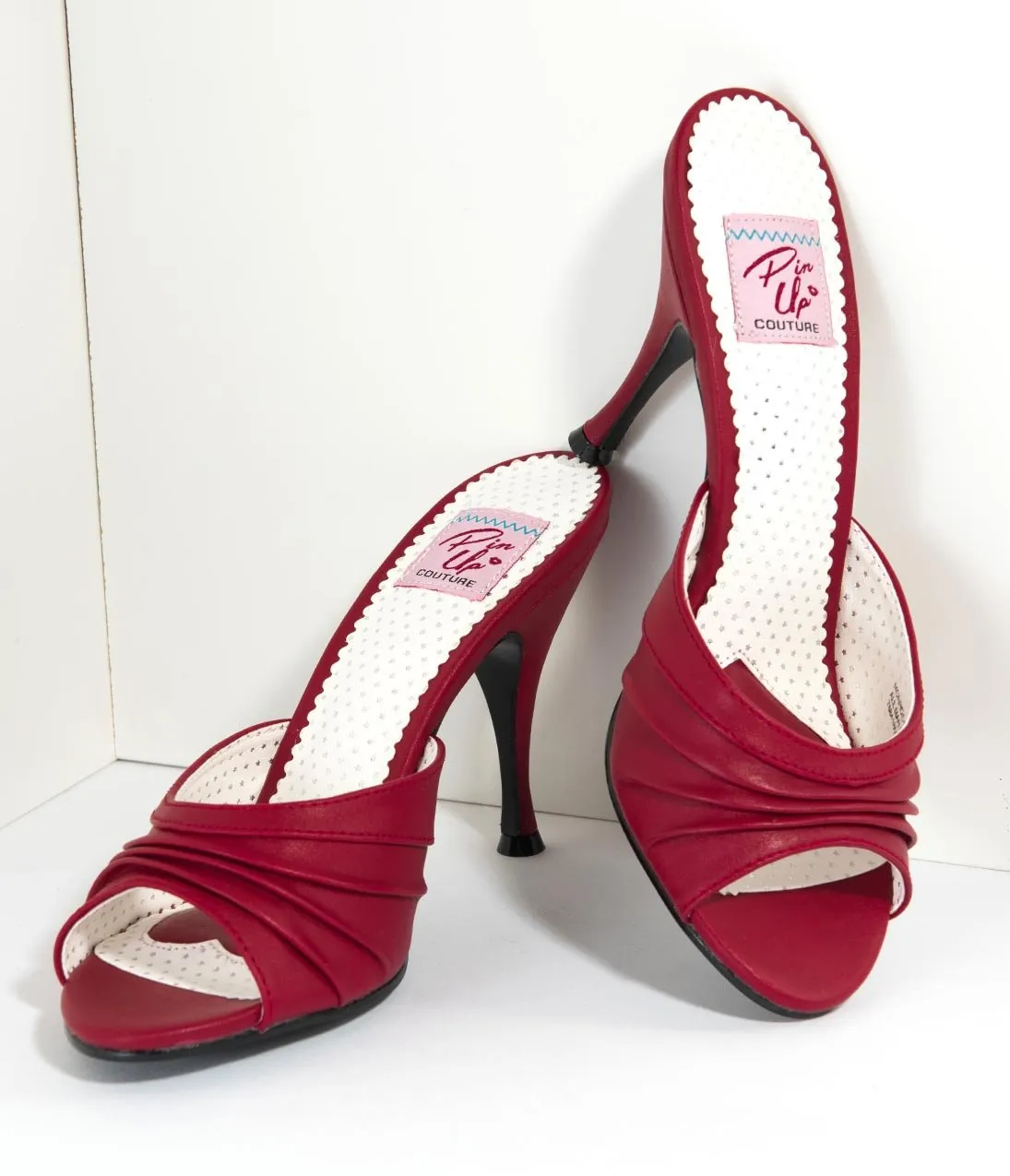 Retro Style Red Leatherette Peep Toe Pleated Mule Heels