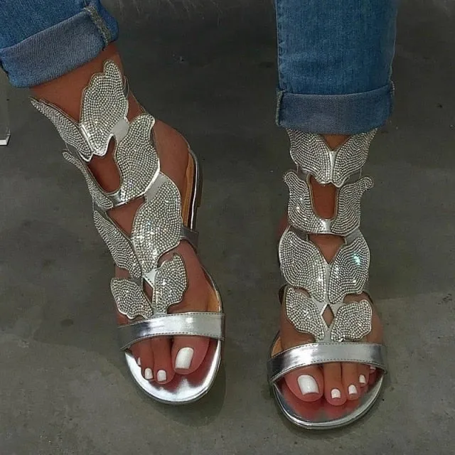 Rhinestone Wings Gladiator Ankle Length Flat Sandals Womens Shoes