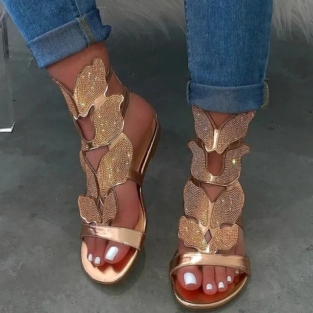 Rhinestone Wings Gladiator Ankle Length Flat Sandals Womens Shoes