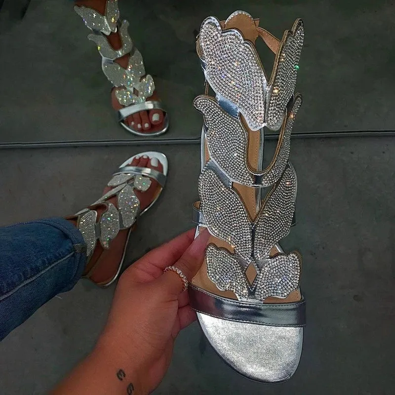 Rhinestone Wings Gladiator Ankle Length Flat Sandals Womens Shoes