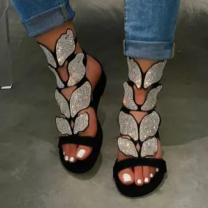 Rhinestone Wings Gladiator Ankle Length Flat Sandals Womens Shoes