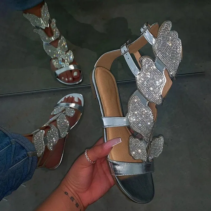 Rhinestone Wings Gladiator Ankle Length Flat Sandals Womens Shoes