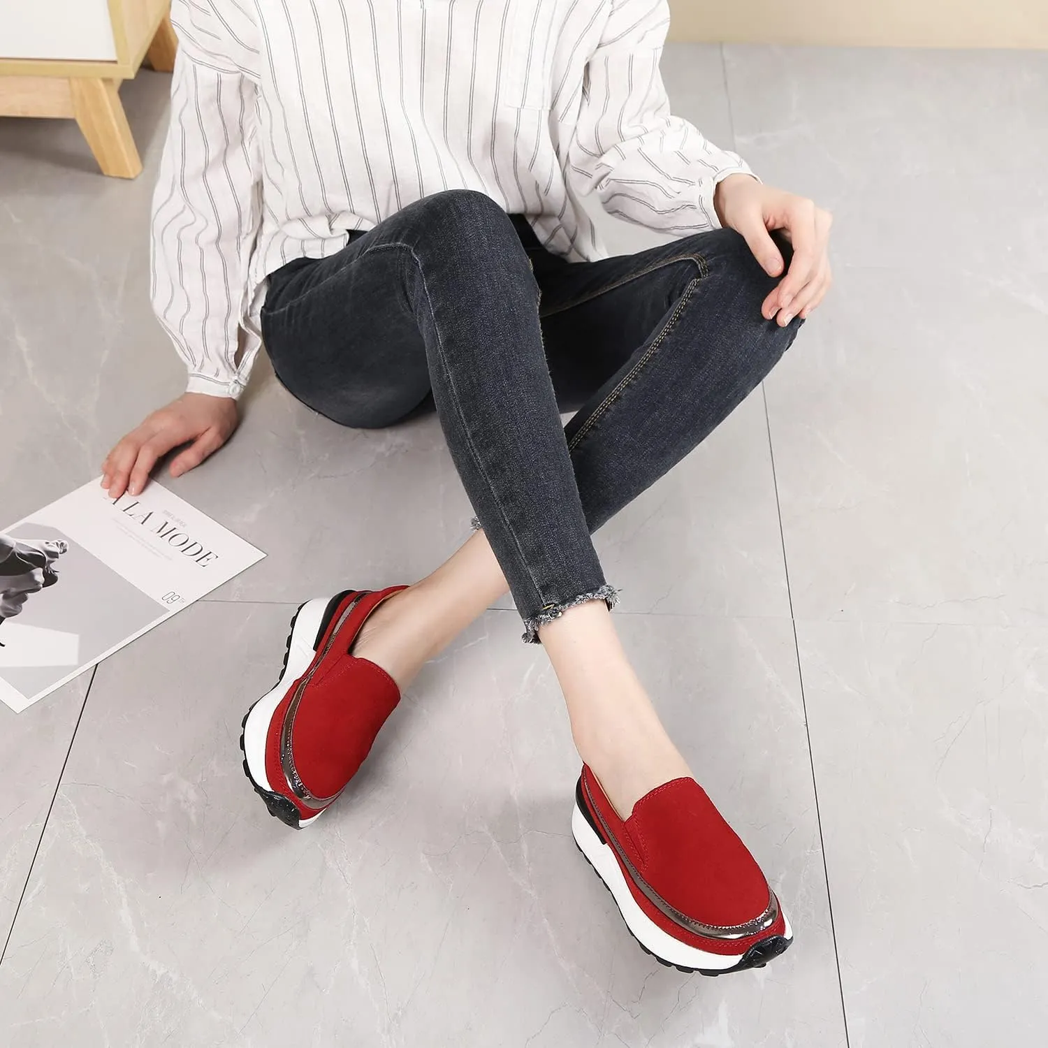 Ruiatoo Platform Shoes for Women Comfort Slip on Suede Moccasins Low Top Casual Wedge Loafers