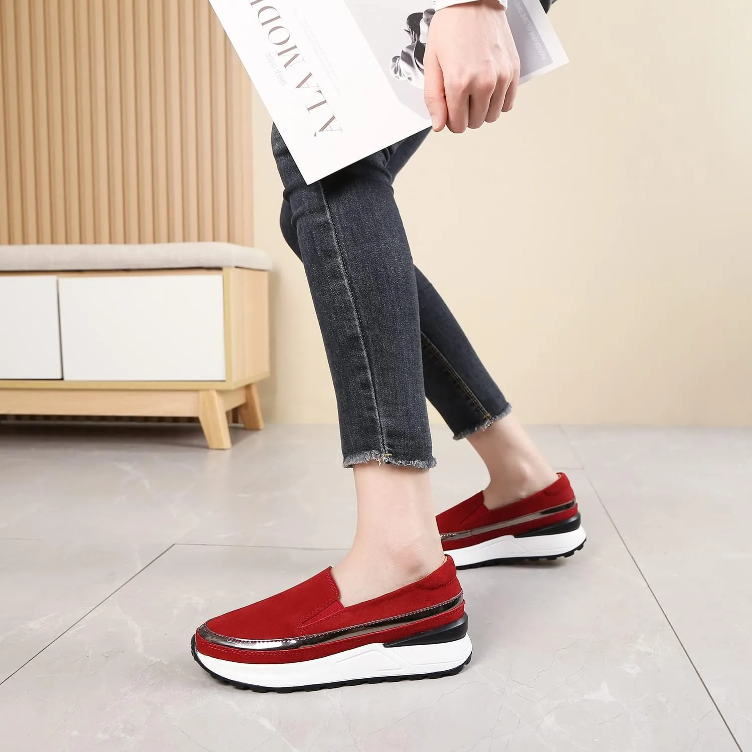 Ruiatoo Platform Shoes for Women Comfort Slip on Suede Moccasins Low Top Casual Wedge Loafers