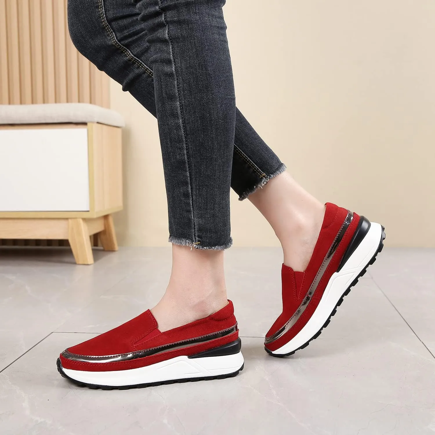 Ruiatoo Platform Shoes for Women Comfort Slip on Suede Moccasins Low Top Casual Wedge Loafers
