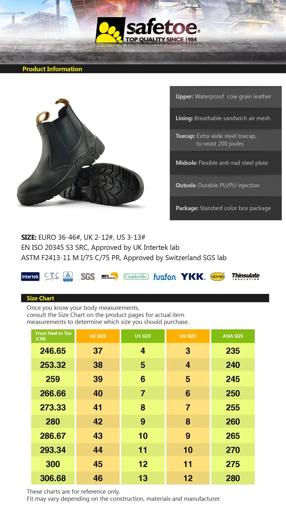 Safetoe S3 Steel Toe Cap,Light Weight Work Safety Boots with Waterproof Leather for Men and Women