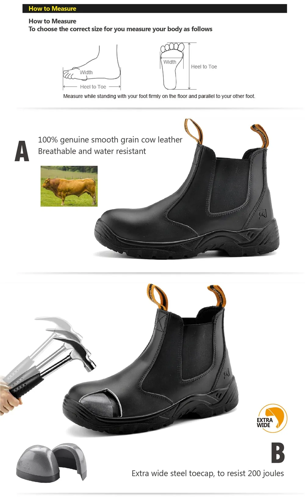 Safetoe S3 Steel Toe Cap,Light Weight Work Safety Boots with Waterproof Leather for Men and Women