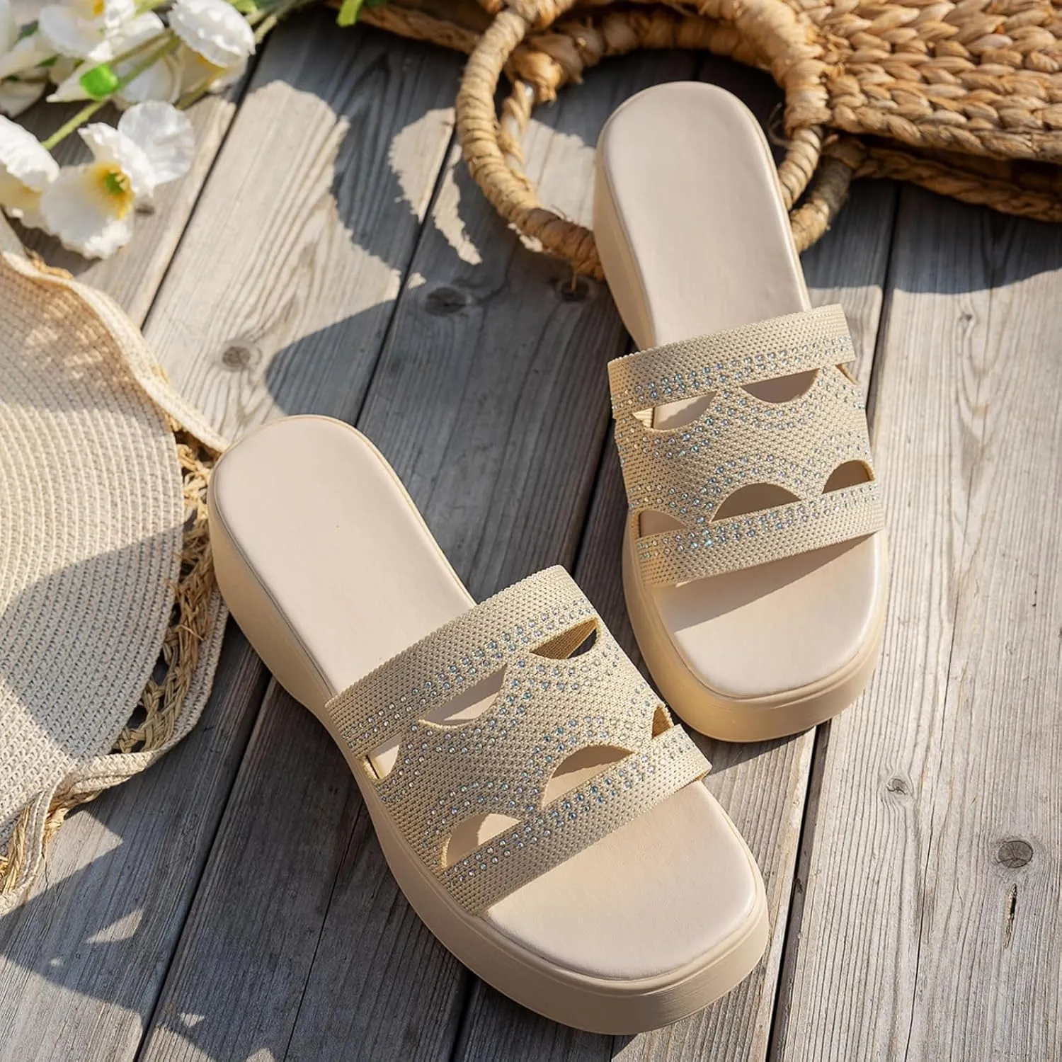 Sandals for Women Platform Wedge Sandals Summer Beach Slip On Open Toe High Heel Sandal Sparkly Bling Shoes 2025