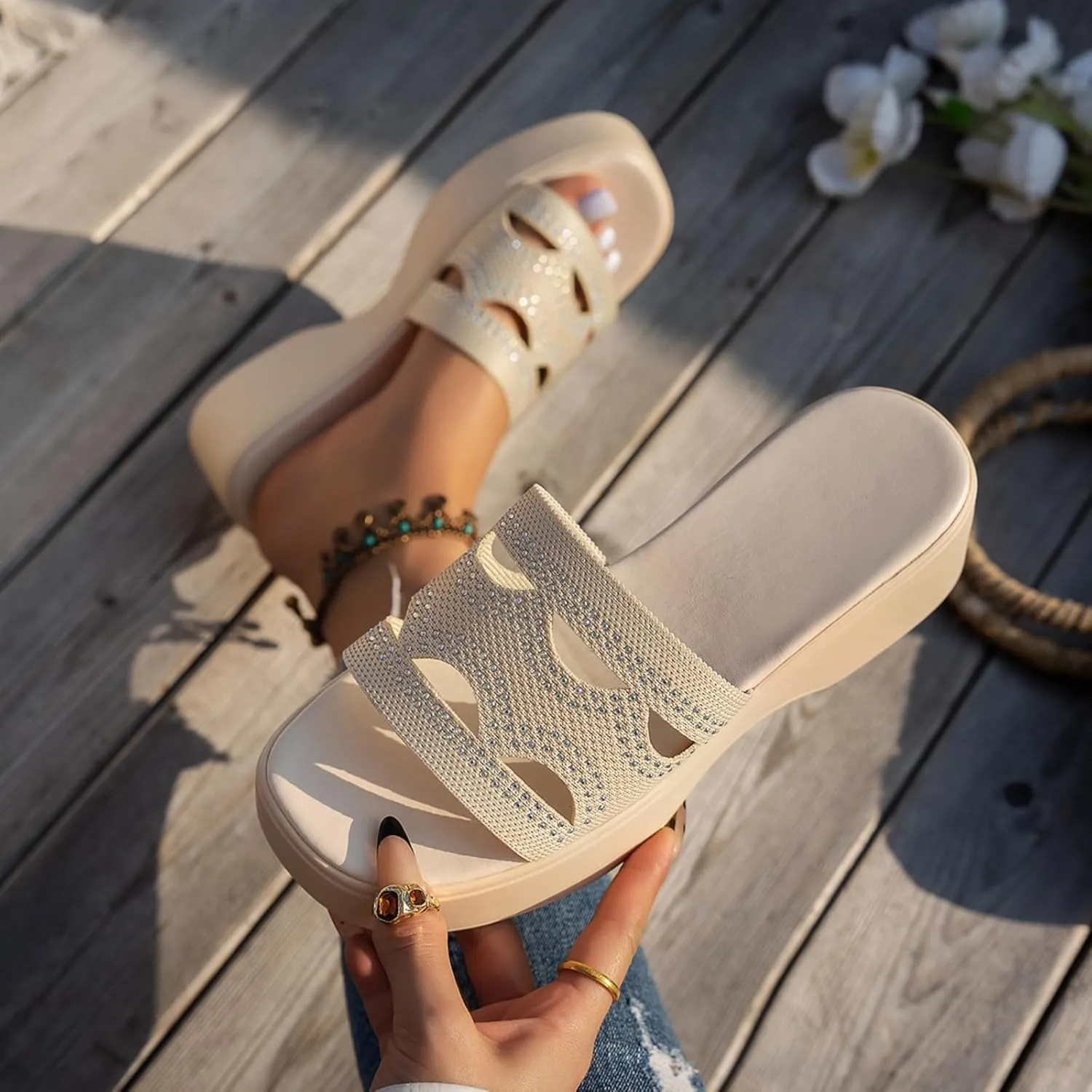 Sandals for Women Platform Wedge Sandals Summer Beach Slip On Open Toe High Heel Sandal Sparkly Bling Shoes 2025
