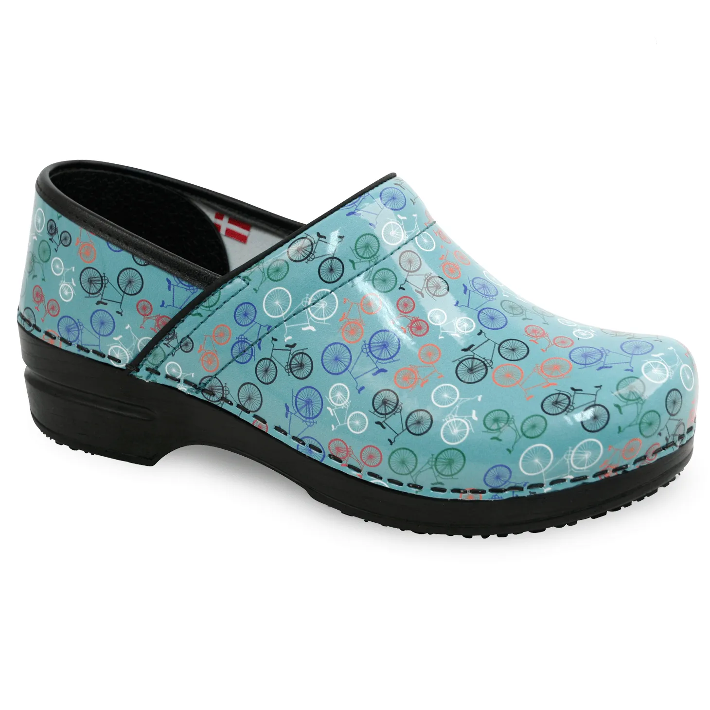 Sanita Auburn Women's Bicycle Print Patent Leather Teal Nursing Clog