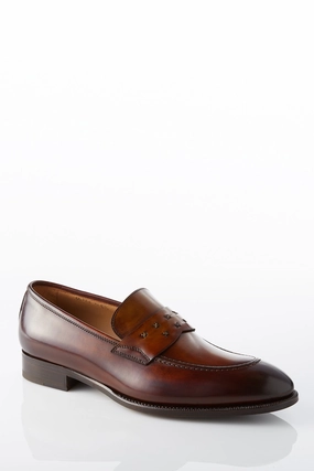 Sleek Texture David August Leather Cross Stitched Penny Loafers in Whiskey Brown Anti Skid No Stress David August Leather Cross Stitched Penny Loafers in Whiskey Brown