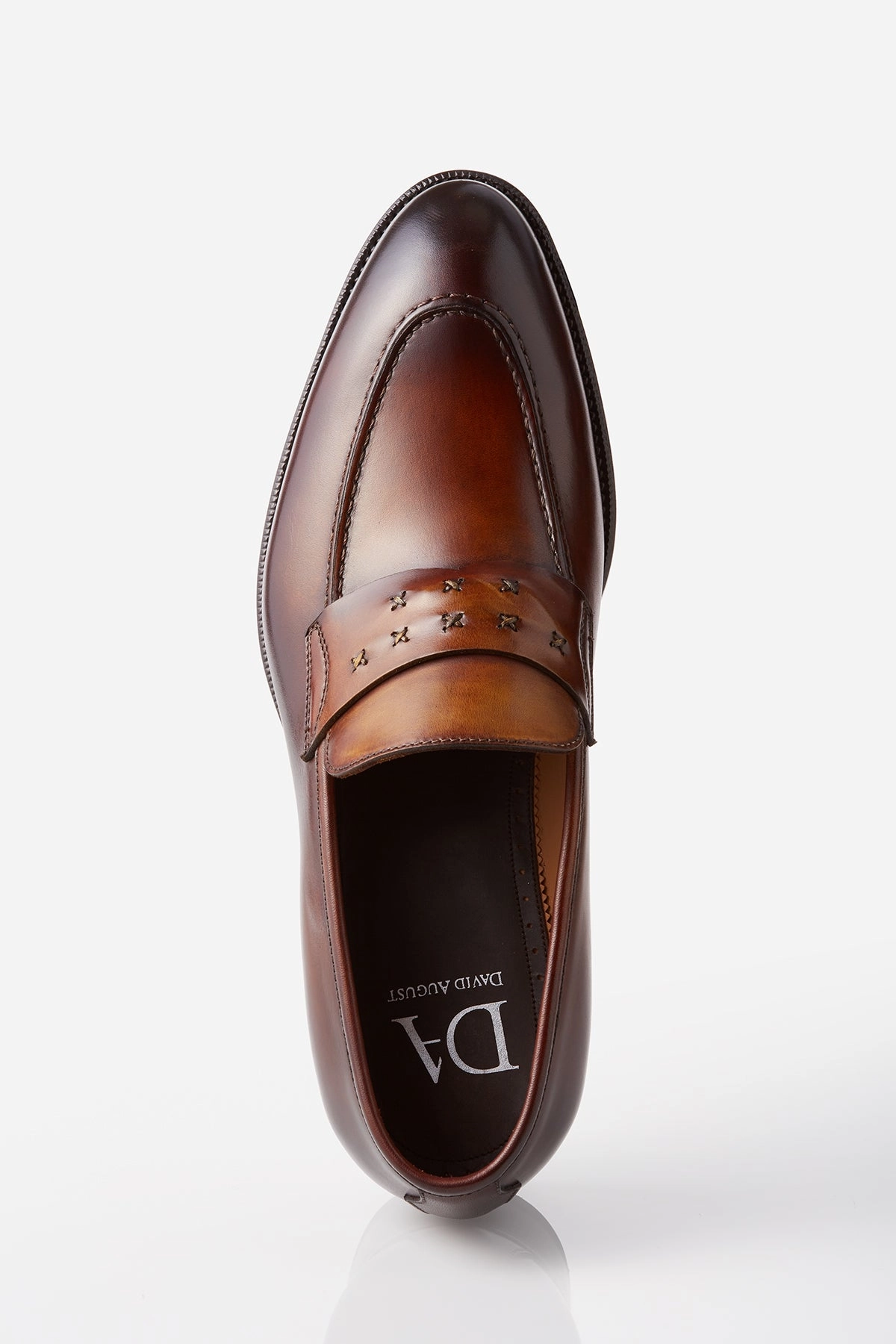 David August Leather Cross Stitched Penny Loafers in Whiskey Brown Compact