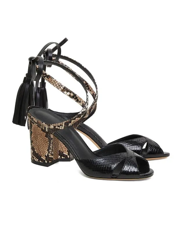 Snakeskin Print Lace Up Leather Sandals