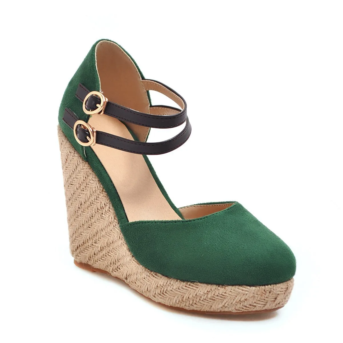 Straw Round Head Double Buckle Women's Wedge Sandals
