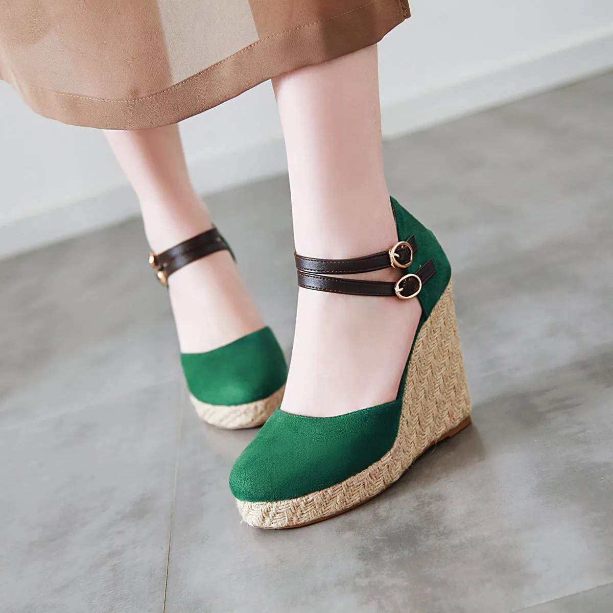Straw Round Head Double Buckle Women's Wedge Sandals