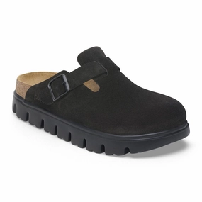 Stretch-Core Papillio by Birkenstock Women's Boston Chunky Clog - Black Suede Reinforced toe cap Stretch-Core Papillio by Birkenstock Women's Boston Chunky Clog - Black Suede