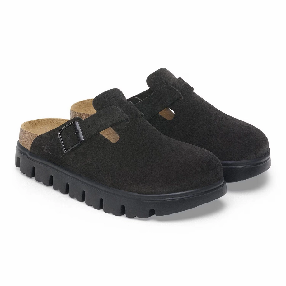 Stretch-Core Papillio by Birkenstock Women's Boston Chunky Clog - Black Suede Orthopedic Friendly Design Gloss Mood