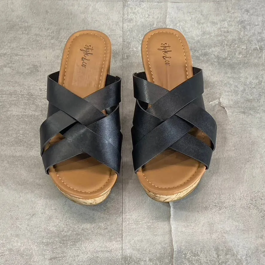 STYLE & CO Women's Black Smooth Violettee Slide Wedge Platform Sandals SZ 6