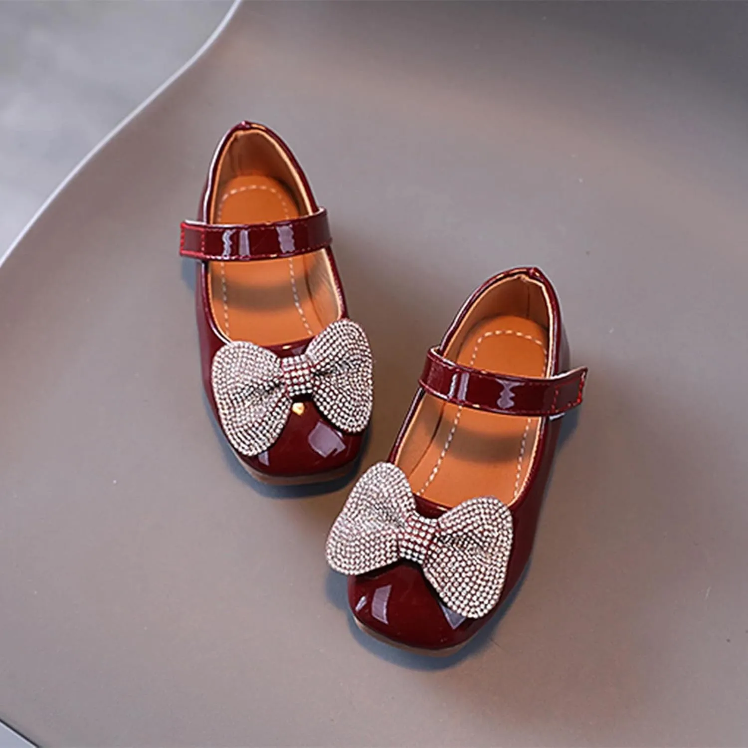 Summer and Autumn Fashion Girls Casual Shoes Bow Rhinestones Flat Bottom Dress Shoes Toddler Girls (Wine, 5.5-6 Years)