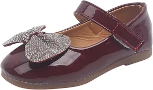 Summer and Autumn Fashion Girls Casual Shoes Bow Rhinestones Flat Bottom Dress Shoes Toddler Girls (Wine, 5.5-6 Years)