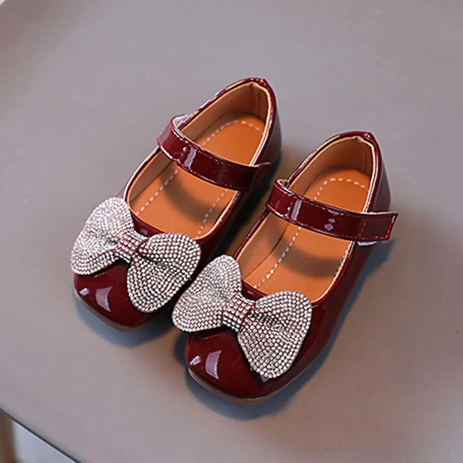 Summer and Autumn Fashion Girls Casual Shoes Bow Rhinestones Flat Bottom Dress Shoes Toddler Girls (Wine, 5.5-6 Years)