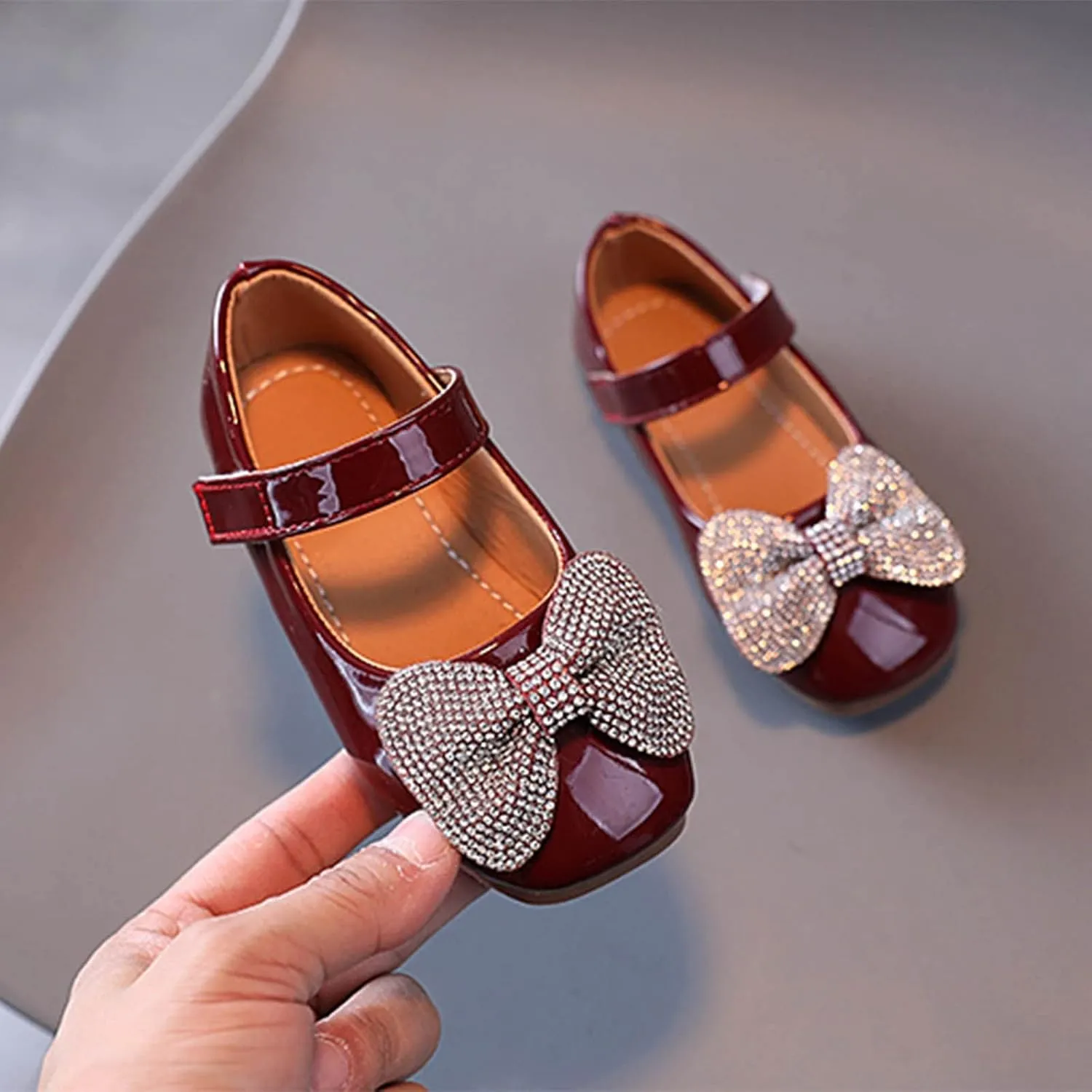 Summer and Autumn Fashion Girls Casual Shoes Bow Rhinestones Flat Bottom Dress Shoes Toddler Girls (Wine, 5.5-6 Years)