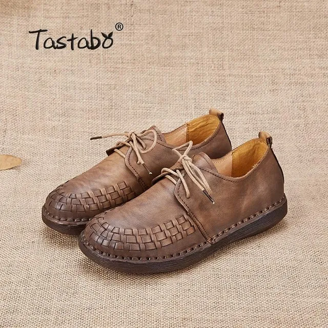 Tastabo Genuine Leather Oxford Shoes For Women Round Toe Lace-Up Casual Shoes