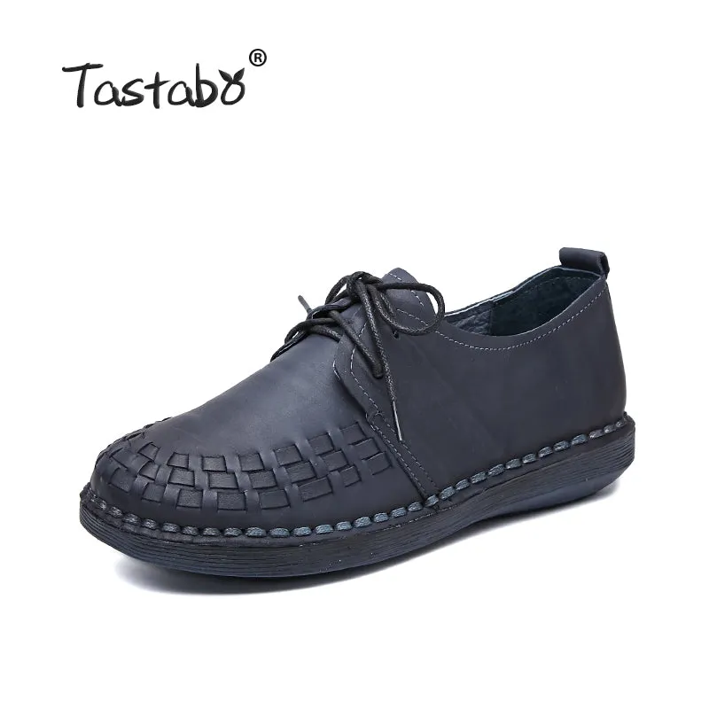Tastabo Genuine Leather Oxford Shoes For Women Round Toe Lace-Up Casual Shoes