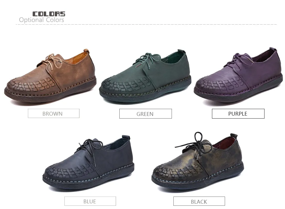 Tastabo Genuine Leather Oxford Shoes For Women Round Toe Lace-Up Casual Shoes