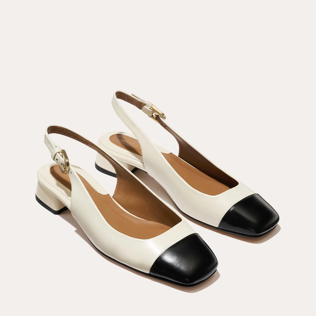 Black Leather Stilettos Buckle Detail The Darcy Slingback - Cream and Black Calf
